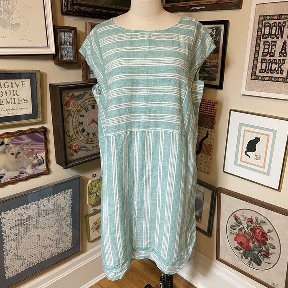 Handmade Aqua & White Striped Short Sleeve Dress With Button Back Closure 3X - Picture 1 of 5
